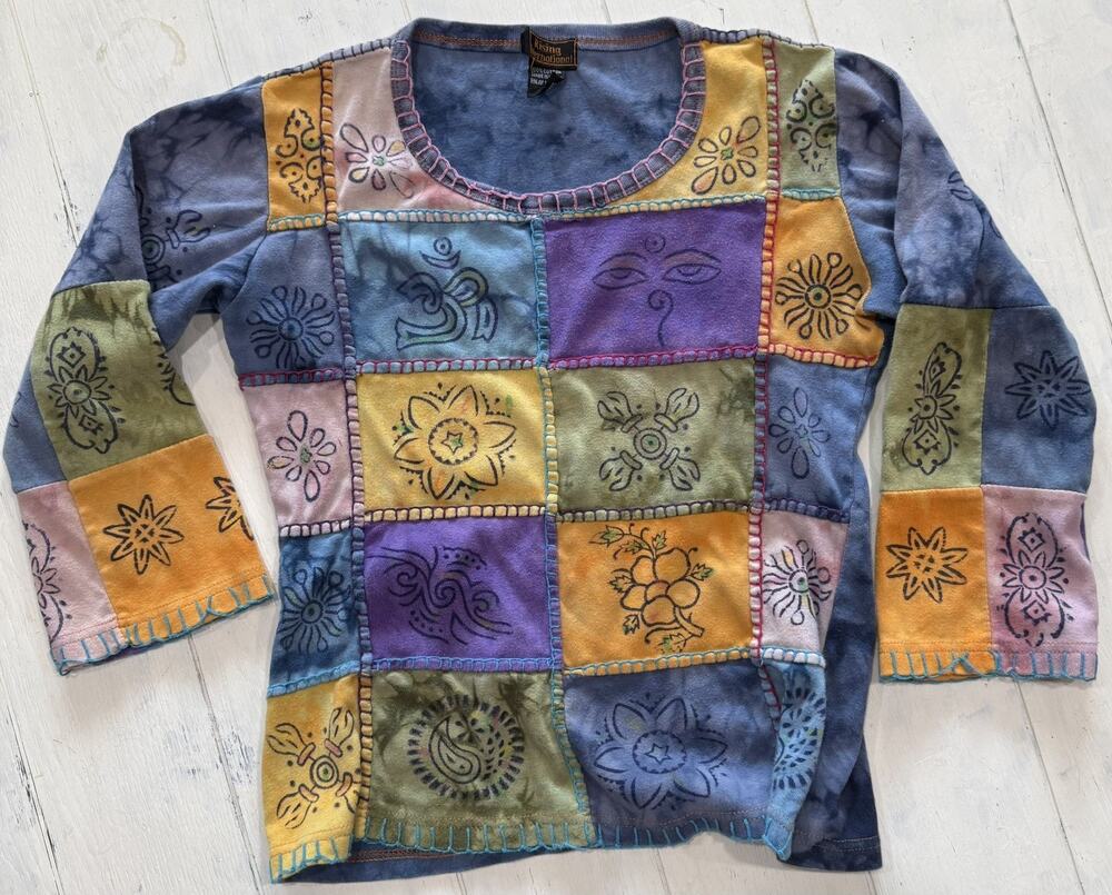 RISING INTERNATIONAL SZ S COLORFUL TOP SHIRT COTTON BOHO HIPPIE PATCHWORK